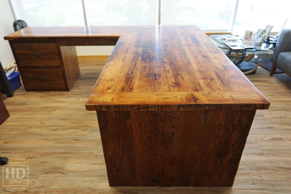 84" Ontario Barnwood Desk we made for a Toronto office - 40" deep - 96" Return / 24" deep - Gable End - Corner Post - 2 drawers on return side - Reclaimed Old Growth Hemlock Threshing Floor + Grainery Board Construction - Original edges + distressing maintained - Mission Cast Brass Lee Valley Hardware - Premium epoxy + satin polyurethane finish - www.table.ca