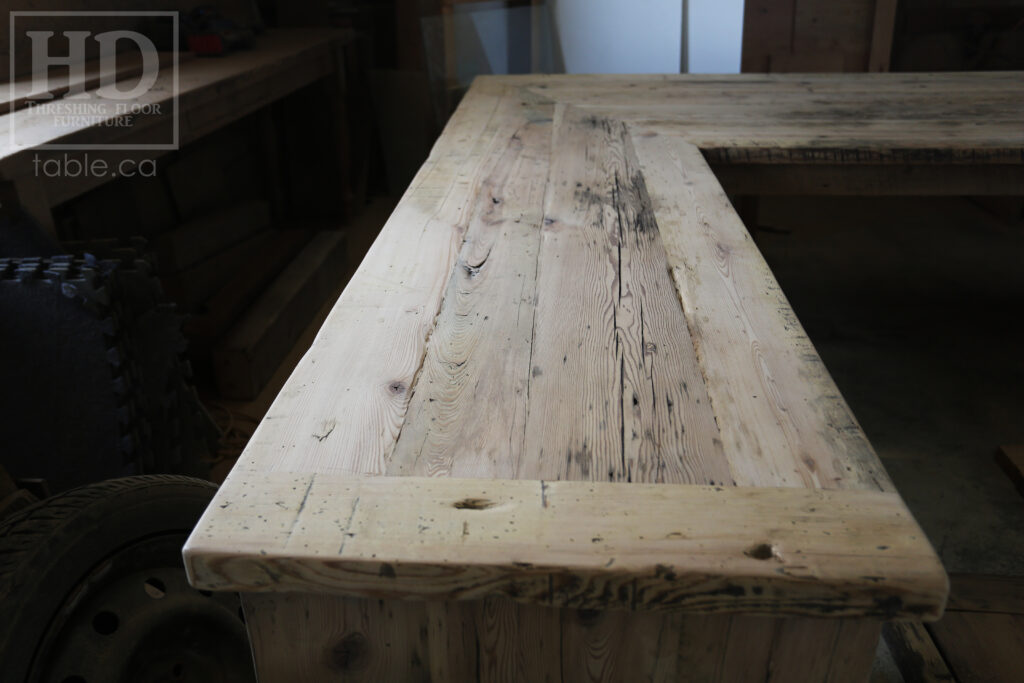 84" Ontario Barnwood Desk we made for a Toronto office - 40" deep - 96" Return / 24" deep - Gable End - Corner Post - 2 drawers on return side - Reclaimed Old Growth Hemlock Threshing Floor + Grainery Board Construction - Original edges + distressing maintained - Mission Cast Brass Lee Valley Hardware - Premium epoxy + satin polyurethane finish - www.table.ca