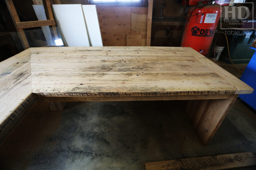 84" Ontario Barnwood Desk we made for a Toronto office - 40" deep - 96" Return / 24" deep - Gable End - Corner Post - 2 drawers on return side - Reclaimed Old Growth Hemlock Threshing Floor + Grainery Board Construction - Original edges + distressing maintained - Mission Cast Brass Lee Valley Hardware - Premium epoxy + satin polyurethane finish - www.table.ca