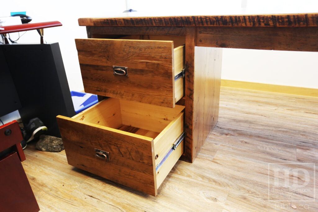 84" Ontario Barnwood Desk we made for a Toronto office - 40" deep - 96" Return / 24" deep - Gable End - Corner Post - 2 drawers on return side - Reclaimed Old Growth Hemlock Threshing Floor + Grainery Board Construction - Original edges + distressing maintained - Mission Cast Brass Lee Valley Hardware - Premium epoxy + satin polyurethane finish - www.table.ca