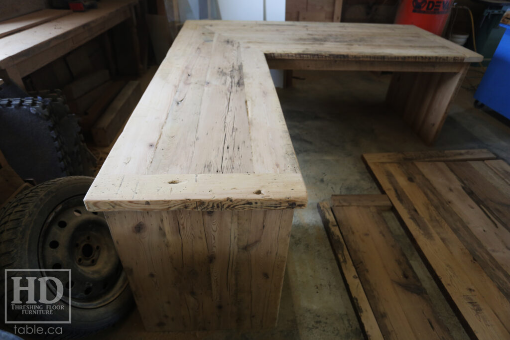 84" Ontario Barnwood Desk we made for a Toronto office - 40" deep - 96" Return / 24" deep - Gable End - Corner Post - 2 drawers on return side - Reclaimed Old Growth Hemlock Threshing Floor + Grainery Board Construction - Original edges + distressing maintained - Mission Cast Brass Lee Valley Hardware - Premium epoxy + satin polyurethane finish - www.table.ca