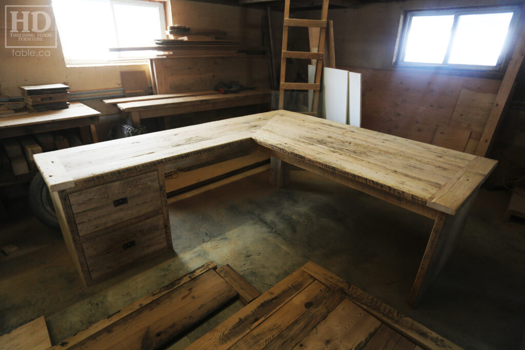 84" Ontario Barnwood Desk we made for a Toronto office - 40" deep - 96" Return / 24" deep - Gable End - Corner Post - 2 drawers on return side - Reclaimed Old Growth Hemlock Threshing Floor + Grainery Board Construction - Original edges + distressing maintained - Mission Cast Brass Lee Valley Hardware - Premium epoxy + satin polyurethane finish - www.table.ca