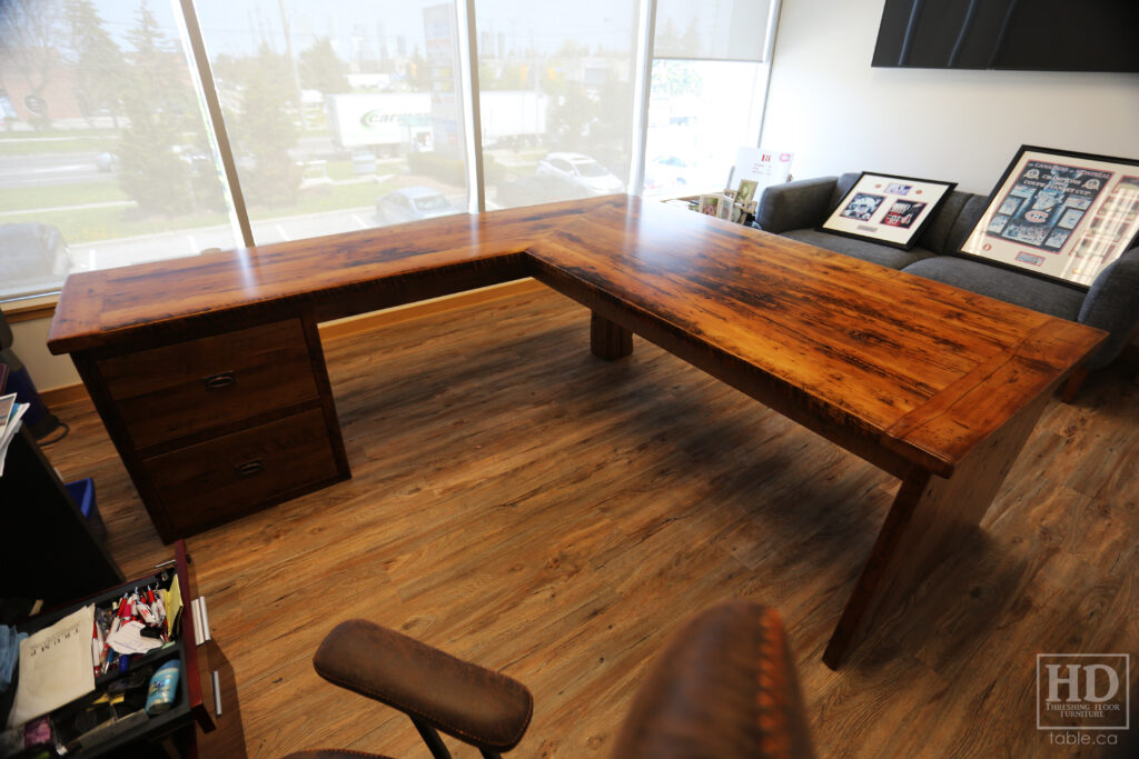 84" Ontario Barnwood Desk we made for a Toronto office - 40" deep - 96" Return / 24" deep - Gable End - Corner Post - 2 drawers on return side - Reclaimed Old Growth Hemlock Threshing Floor + Grainery Board Construction - Original edges + distressing maintained - Mission Cast Brass Lee Valley Hardware - Premium epoxy + satin polyurethane finish - www.table.ca