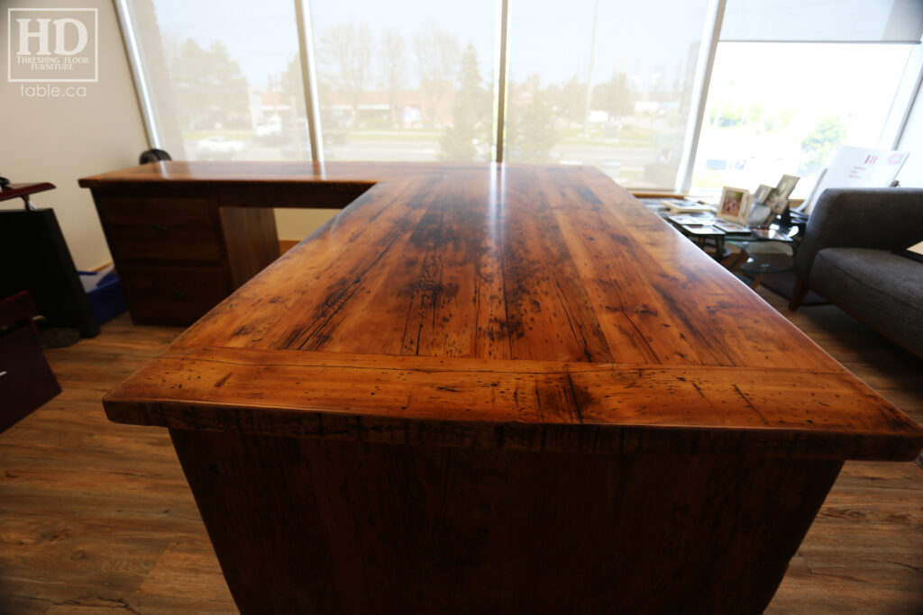 84" Ontario Barnwood Desk we made for a Toronto office - 40" deep - 96" Return / 24" deep - Gable End - Corner Post - 2 drawers on return side - Reclaimed Old Growth Hemlock Threshing Floor + Grainery Board Construction - Original edges + distressing maintained - Mission Cast Brass Lee Valley Hardware - Premium epoxy + satin polyurethane finish - www.table.ca