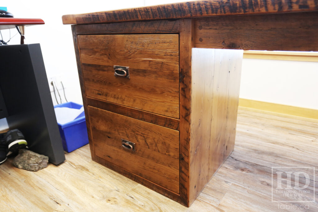 84" Ontario Barnwood Desk we made for a Toronto office - 40" deep - 96" Return / 24" deep - Gable End - Corner Post - 2 drawers on return side - Reclaimed Old Growth Hemlock Threshing Floor + Grainery Board Construction - Original edges + distressing maintained - Mission Cast Brass Lee Valley Hardware - Premium epoxy + satin polyurethane finish - www.table.ca