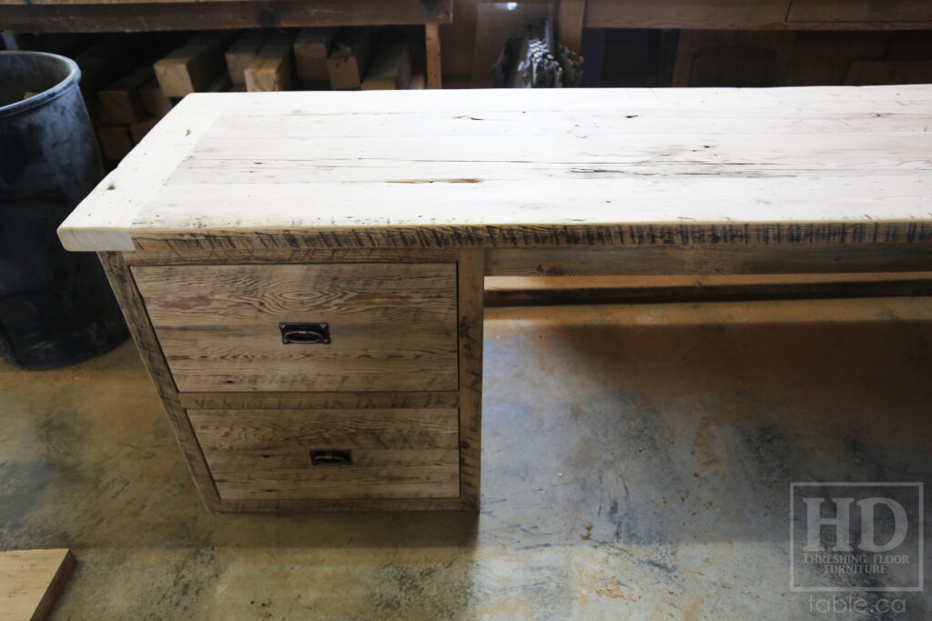 84" Ontario Barnwood Desk we made for a Toronto office - 40" deep - 96" Return / 24" deep - Gable End - Corner Post - 2 drawers on return side - Reclaimed Old Growth Hemlock Threshing Floor + Grainery Board Construction - Original edges + distressing maintained - Mission Cast Brass Lee Valley Hardware - Premium epoxy + satin polyurethane finish - www.table.ca