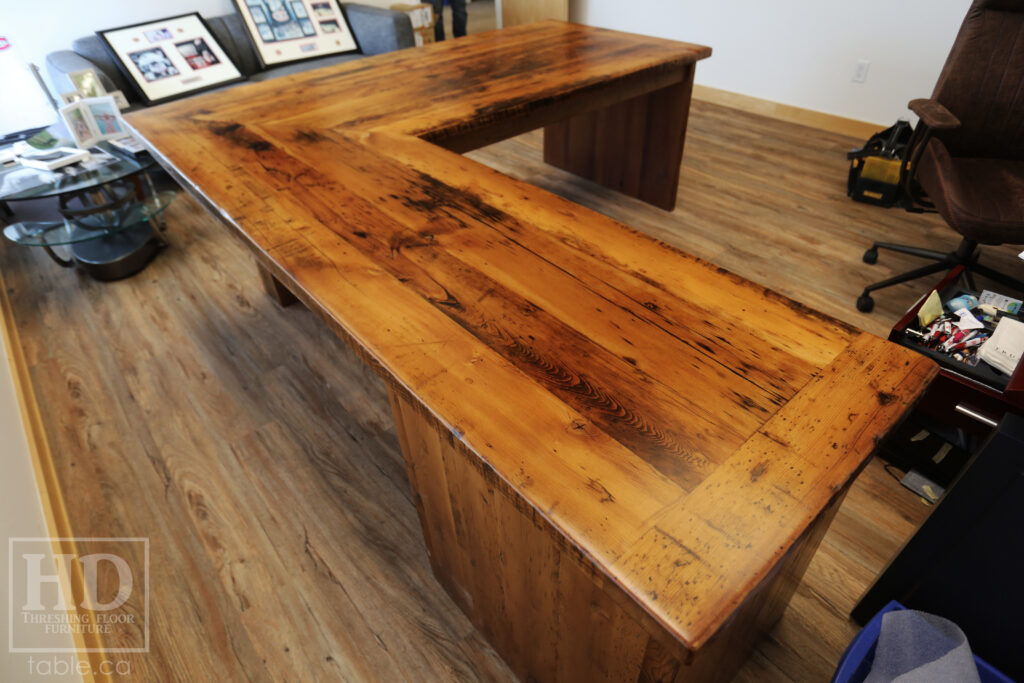 84" Ontario Barnwood Desk we made for a Toronto office - 40" deep - 96" Return / 24" deep - Gable End - Corner Post - 2 drawers on return side - Reclaimed Old Growth Hemlock Threshing Floor + Grainery Board Construction - Original edges + distressing maintained - Mission Cast Brass Lee Valley Hardware - Premium epoxy + satin polyurethane finish - www.table.ca