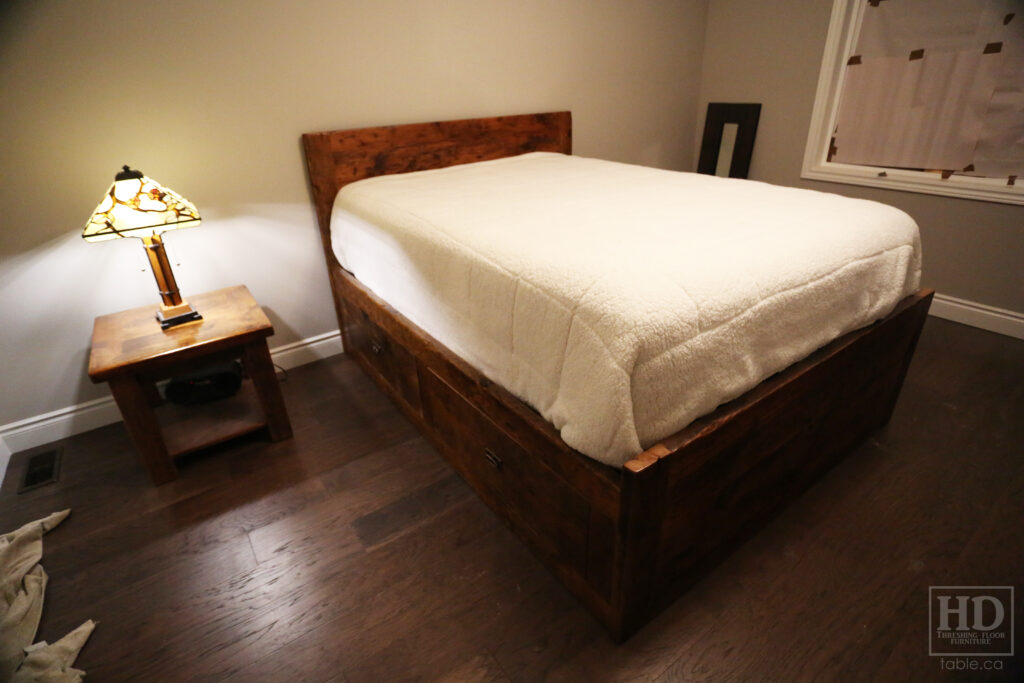 [2] Queen Sized Platform Beds we made for an Amherstburg home - 4 Drawers - 2" Hemlock Threshing Floor Construction - Cast Brass Lee Valley Hardware - Satin Polyurethane Finish - www.table.ca