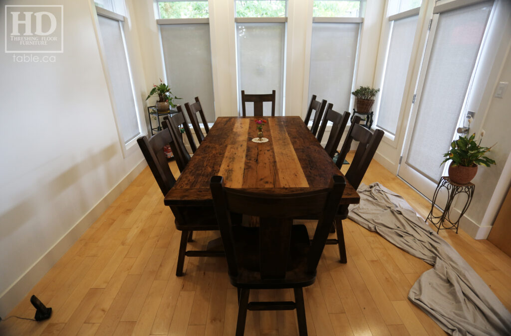 7' Ontario Barnwood Table we made for a Guelph Home - 42" wide - Hand Hewn Pedestals Base - Old Growth Hemlock Threshing Floor Construction - Original edges & distressing maintained - Premium epoxy + polyurethane finish - 6 Plank Back Chairs / Wormy Maple - www.table.ca