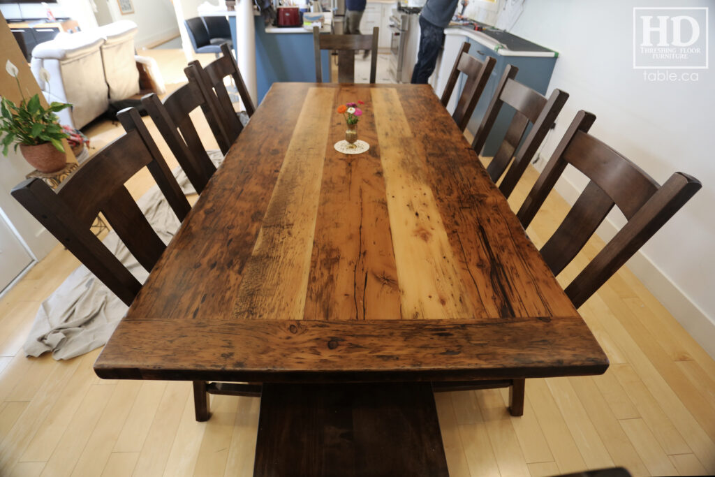 7' Ontario Barnwood Table we made for a Guelph Home - 42" wide - Hand Hewn Pedestals Base - Old Growth Hemlock Threshing Floor Construction - Original edges & distressing maintained - Premium epoxy + polyurethane finish - 6 Plank Back Chairs / Wormy Maple - www.table.ca