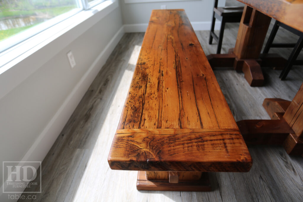 7' Ontario Barnwood Table we made for a Mount Forest Home - 42" wide - Hand Hewn Pedestals Base - Old Growth Hemlock Threshing Floor Construction - Original edges & distressing maintained - Premium epoxy + satin polyurethane finish - 6' [matching] Trestle Bench - 4 Ladder Back Chairs / Wormy Maple - www.table.ca