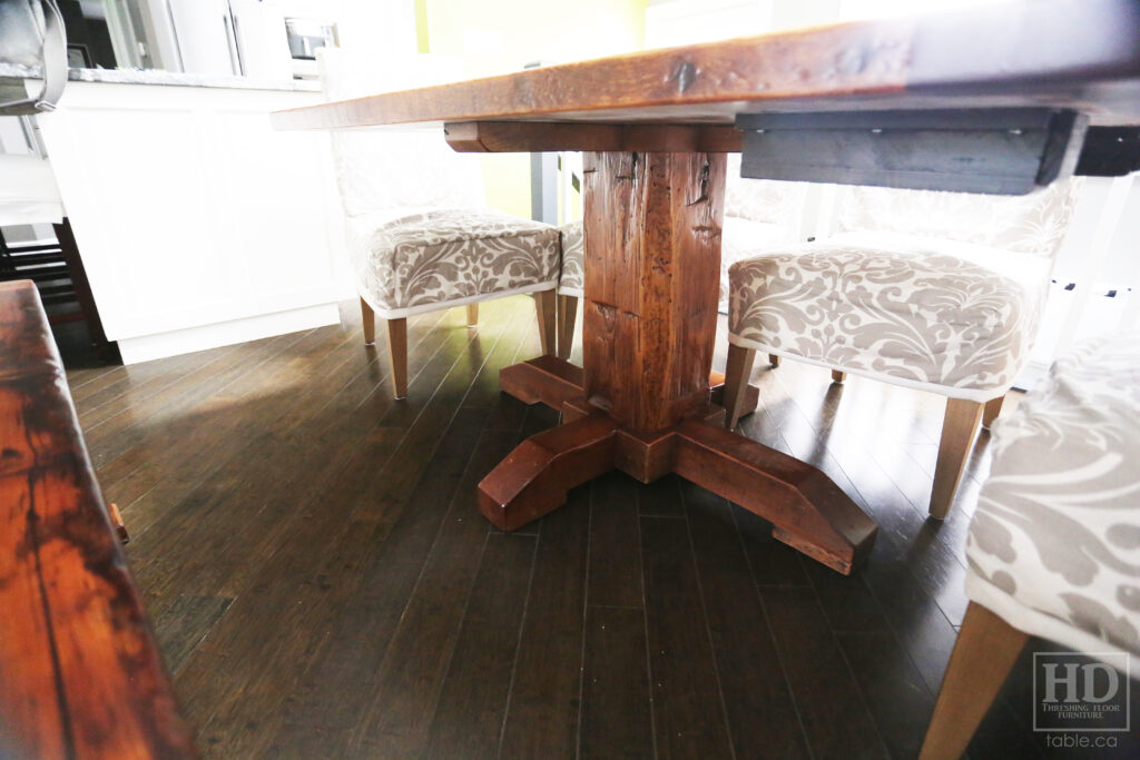 5' Ontario Barnwood Table we made for a Waterdown Home - Hand Hewn Pedestal Base - Old Growth Hemlock Threshing Floor Construction - Original edges & distressing maintained - Premium epoxy + satin polyurethane finish - One 18" Leaf Extension - 5' [matching] Trestle Bench - www.table.ca