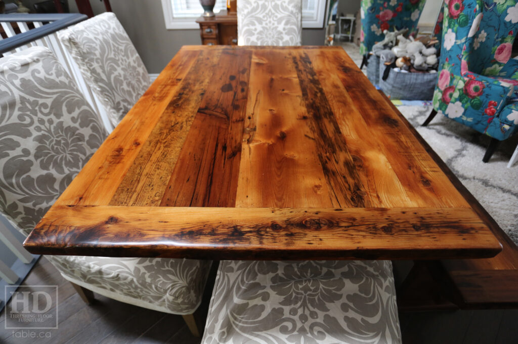5' Ontario Barnwood Table we made for a Waterdown Home - Hand Hewn Pedestal Base - Old Growth Hemlock Threshing Floor Construction - Original edges & distressing maintained - Premium epoxy + satin polyurethane finish - One 18" Leaf Extension - 5' [matching] Trestle Bench - www.table.ca