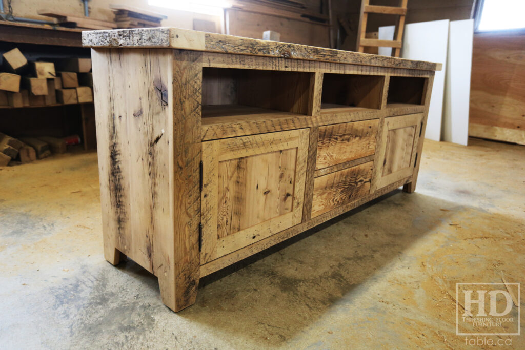 6' Reclaimed Ontario Barnwood Buffet we made for a Branchton home - 18" deep - 30" height - 3 Top Openings / Shelves - 2 Drawers - 2 Doors - Reclaimed Pine Threshing Floor & Grainery Board Construction - Original edges & distressing maintained - Lee Valley Hardware - Premium epoxy + satin polyurethane finish - www.table.ca