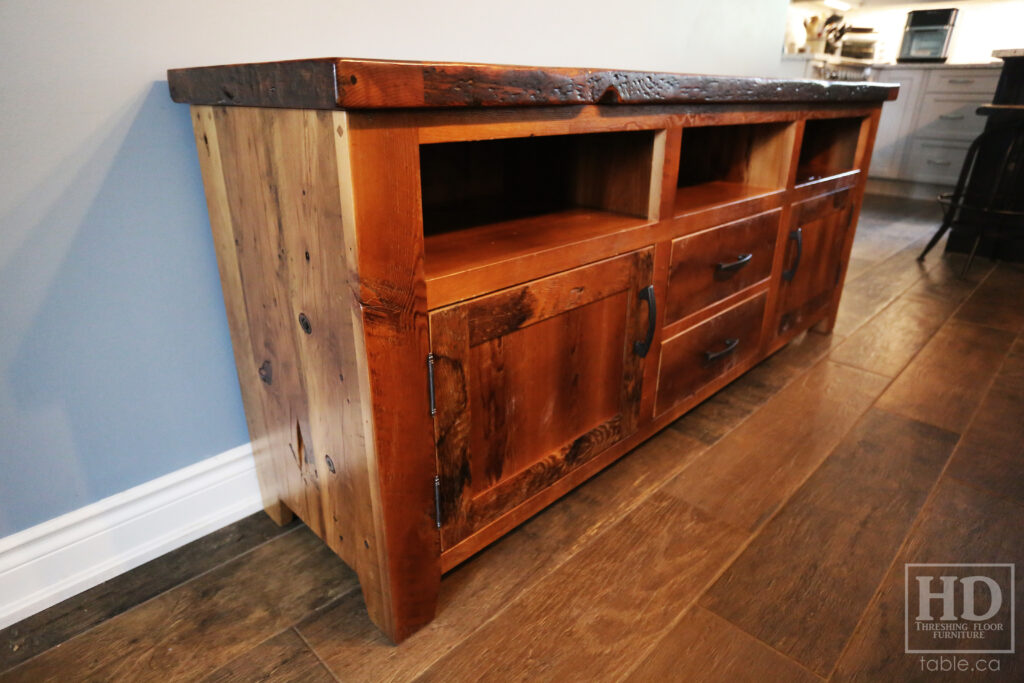 6' Reclaimed Ontario Barnwood Buffet we made for a Branchton home - 18" deep - 30" height - 3 Top Openings / Shelves - 2 Drawers - 2 Doors - Reclaimed Pine Threshing Floor & Grainery Board Construction - Original edges & distressing maintained - Lee Valley Hardware - Premium epoxy + satin polyurethane finish - www.table.ca