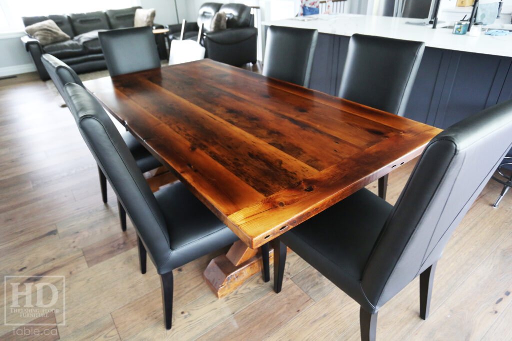 7' Reclaimed Ontario Barnwood Table we made for a Breslau home - 42" wide - Sawbuck Base [Beam Type Option] - Hemlock Threshing Floor Construction - Original edges & distressing maintained - Premium epoxy + satin polyurethane finish - One 18" Leaf - [6] V Back Topgrain Leather Parsons Chairs - www.table.ca