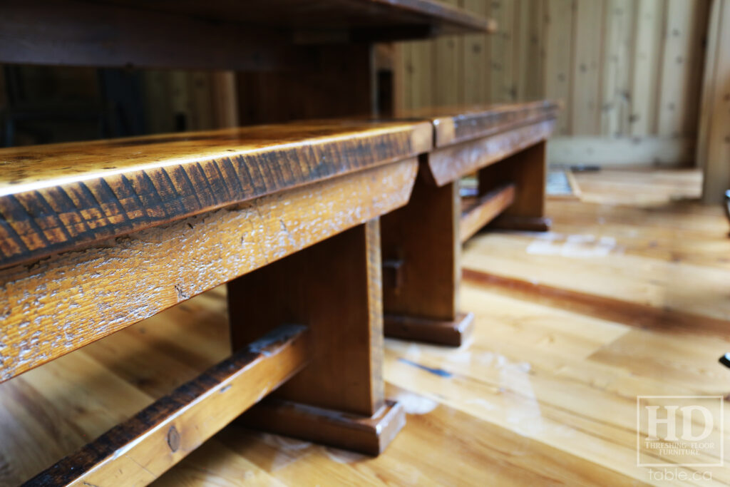 10' Ontario Barnwood Table we delivered to a Huntsville home last week - 42" wide - Trestle Base - Old Growth Hemlock Threshing Floor Construction - Original edges & distressing maintained - Premium epoxy + satin polyurethane finish - [2] Matching 5' Benches - www.table.ca