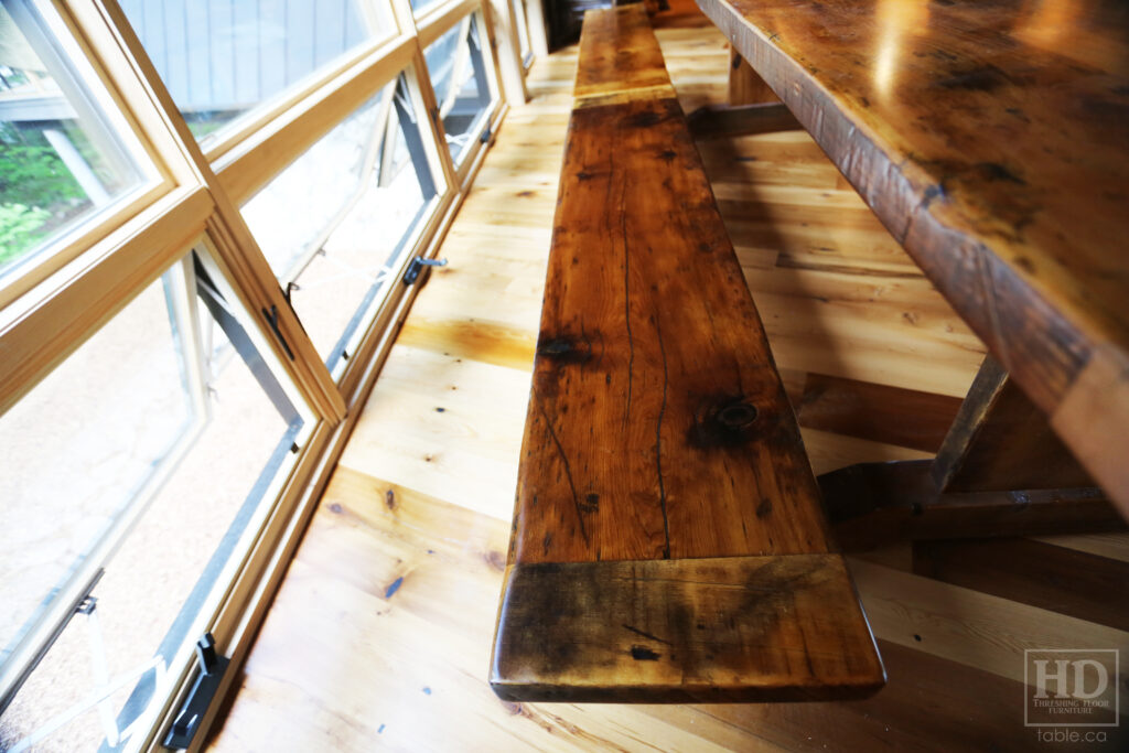 10' Ontario Barnwood Table we delivered to a Huntsville cottage last week - 42" wide - Trestle Base - Old Growth Hemlock Threshing Floor Construction - Original edges & distressing maintained - Premium epoxy + satin polyurethane finish - [2] Matching 5' Benches - www.table.ca