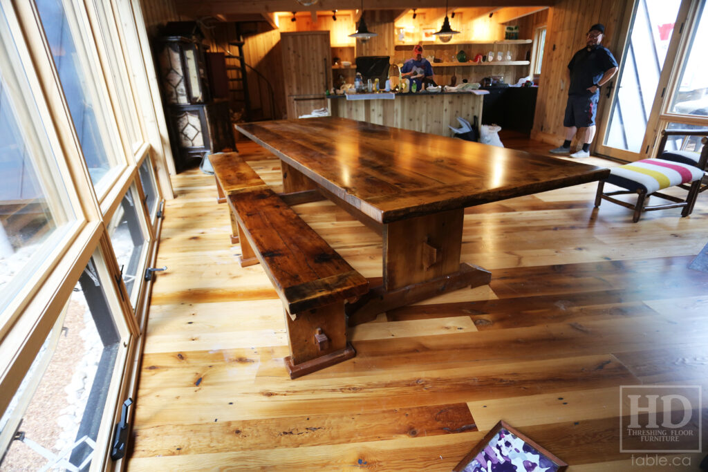 10' Ontario Barnwood Table we delivered to a Huntsville home last week - 42" wide - Trestle Base - Old Growth Hemlock Threshing Floor Construction - Original edges & distressing maintained - Premium epoxy + satin polyurethane finish - [2] Matching 5' Benches - www.table.ca