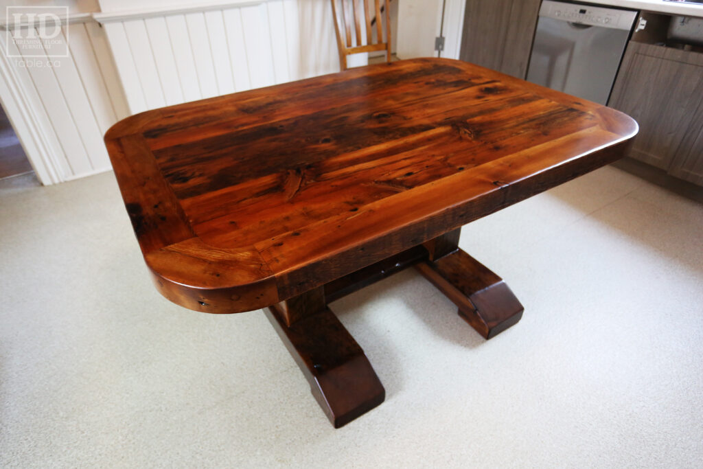 60" Ontario Barnwood Table we made for a Port Hope office - 42" wide - Extra thick 3" top option - Hand-hewn Pedestals Base with rail - Old Growth Reclaimed Hemlock Construction - Original edges + patina kept - Rounded Corners Option - Epoxy seal on base option - Premium epoxy + satin polyurethane finish - www.table.ca