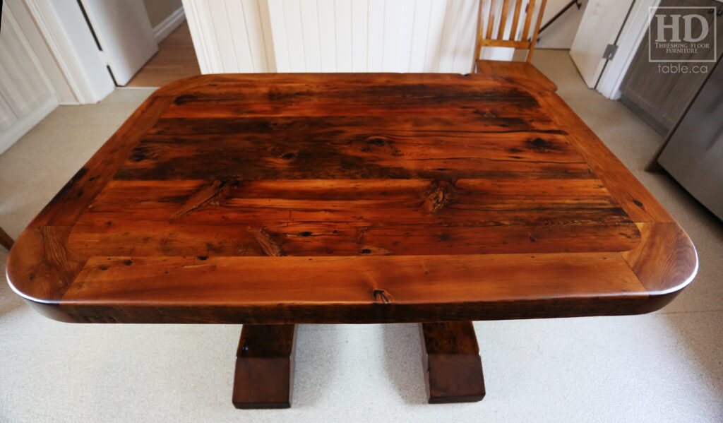 60" Ontario Barnwood Table we made for a Port Hope office - 42" wide - Extra thick 3" top option - Hand-hewn Pedestals Base with rail - Old Growth Reclaimed Hemlock Construction - Original edges + patina kept - Rounded Corners Option - Epoxy seal on base option - Premium epoxy + satin polyurethane finish - www.table.ca