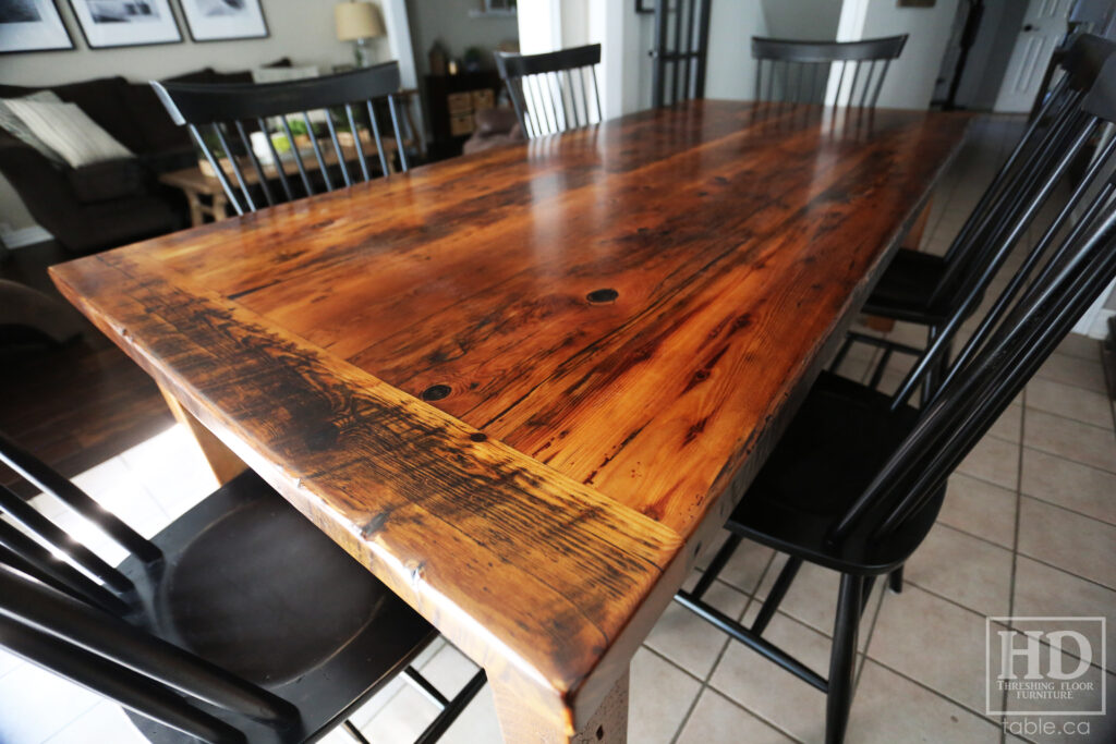 87" Reclaimed Ontario Barnwood Table we made for a Waterdown, Ontario home - 40" wide - Harvest Base: Windbrace Beam Straight Legs 4"x4" Option - Old Growth Hemlock Threshing Floor Construction - Original edges & distressing maintained - Premium epoxy + satin polyurethane finish - Solid Black Painted Wormy Maple Shaker Chairs - www.table.ca