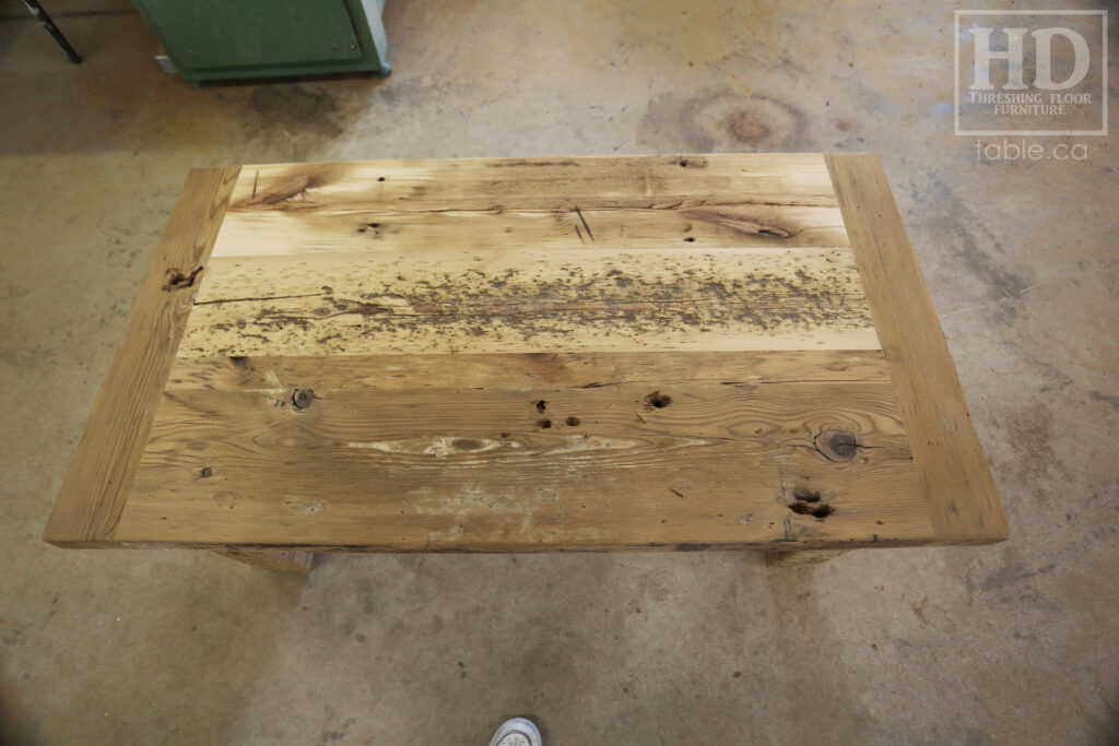 48" Ontario Barnwood Coffee Table - 26" wide - 20" height - Reclaimed Old Growth Hemlock Threshing Floor 2" Top - Straight 4"x4" Windbrace Beam Legs - Original edges & distressing maintained - Premium epoxy + matte polyurethane finish - www.table.ca