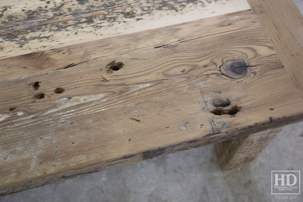 48" Ontario Barnwood Coffee Table - 26" wide - 20" height - Reclaimed Old Growth Hemlock Threshing Floor 2" Top - Straight 4"x4" Windbrace Beam Legs - Original edges & distressing maintained - Premium epoxy + matte polyurethane finish - www.table.ca