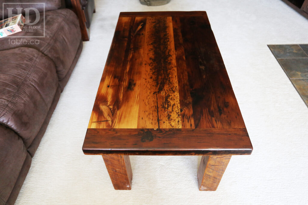 48" Ontario Barnwood Coffee Table - 26" wide - 20" height - Reclaimed Old Growth Hemlock Threshing Floor 2" Top - Straight 4"x4" Windbrace Beam Legs - Original edges & distressing maintained - Premium epoxy + matte polyurethane finish - www.table.ca