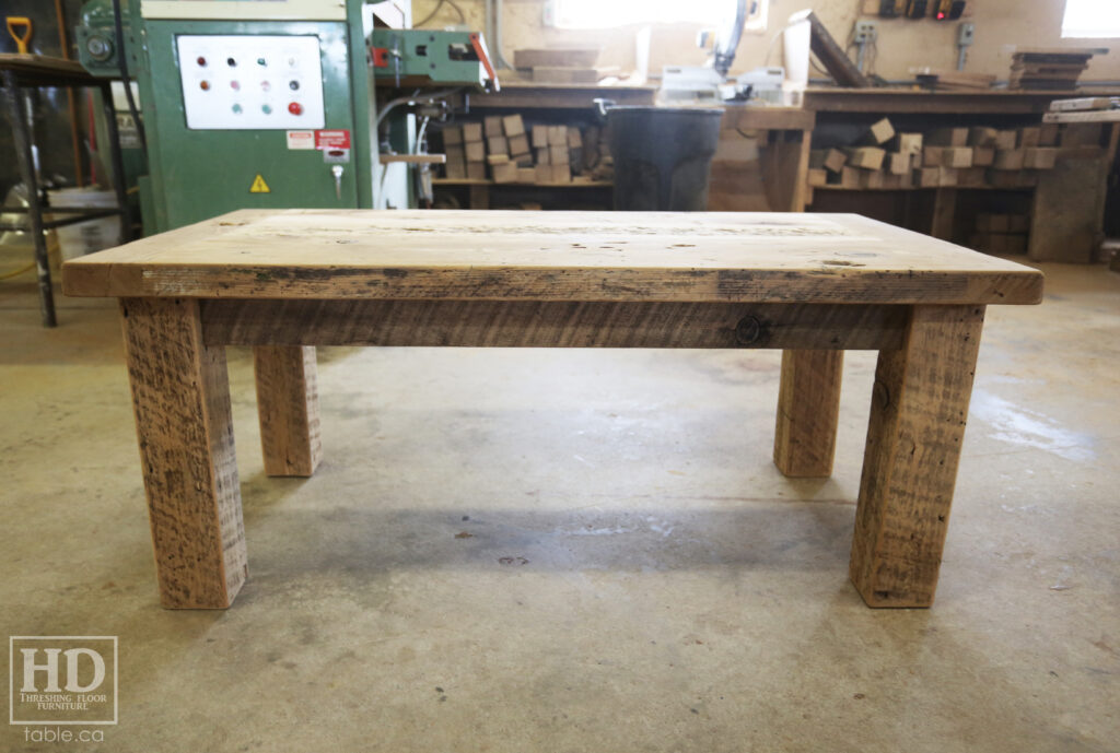 48" Ontario Barnwood Coffee Table - 26" wide - 20" height - Reclaimed Old Growth Hemlock Threshing Floor 2" Top - Straight 4"x4" Windbrace Beam Legs - Original edges & distressing maintained - Premium epoxy + matte polyurethane finish - www.table.ca