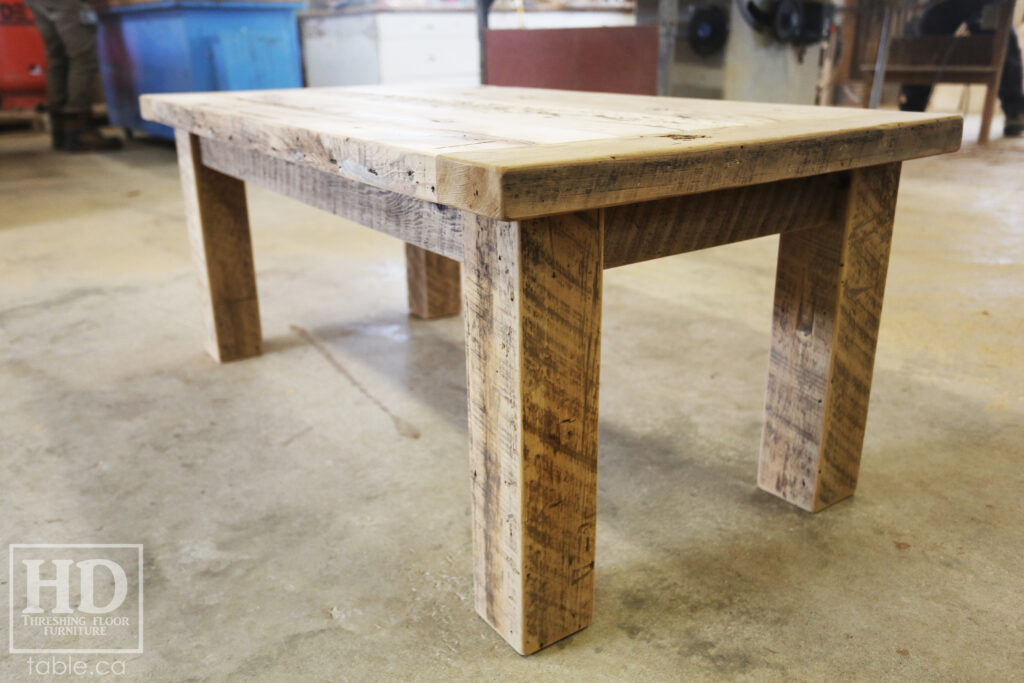 48" Ontario Barnwood Coffee Table - 26" wide - 20" height - Reclaimed Old Growth Hemlock Threshing Floor 2" Top - Straight 4"x4" Windbrace Beam Legs - Original edges & distressing maintained - Premium epoxy + matte polyurethane finish - www.table.ca