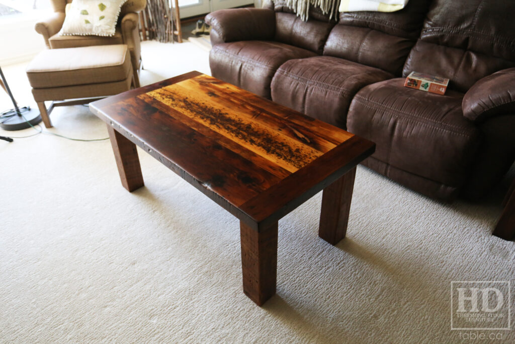 48" Ontario Barnwood Coffee Table - 26" wide - 20" height - Reclaimed Old Growth Hemlock Threshing Floor 2" Top - Straight 4"x4" Windbrace Beam Legs - Original edges & distressing maintained - Premium epoxy + matte polyurethane finish - www.table.ca