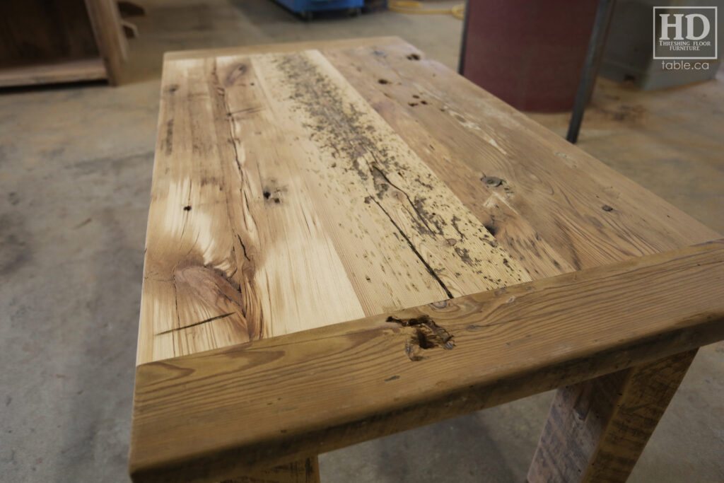 48" Ontario Barnwood Coffee Table - 26" wide - 20" height - Reclaimed Old Growth Hemlock Threshing Floor 2" Top - Straight 4"x4" Windbrace Beam Legs - Original edges & distressing maintained - Premium epoxy + matte polyurethane finish - www.table.ca