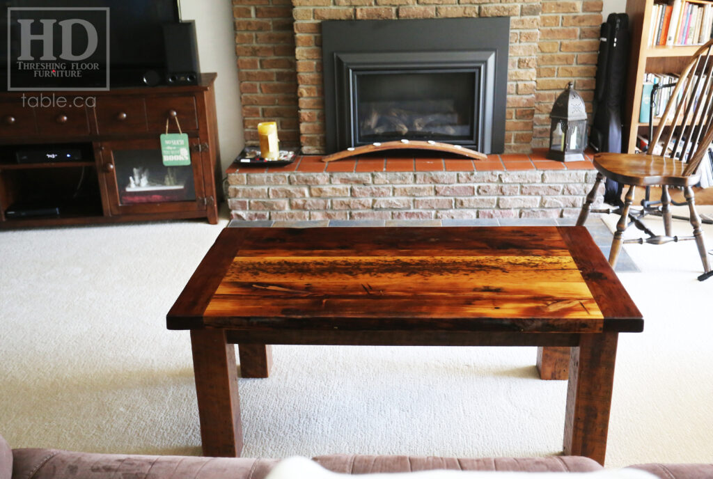 48" Ontario Barnwood Coffee Table - 26" wide - 20" height - Reclaimed Old Growth Hemlock Threshing Floor 2" Top - Straight 4"x4" Windbrace Beam Legs - Original edges & distressing maintained - Premium epoxy + matte polyurethane finish - www.table.ca