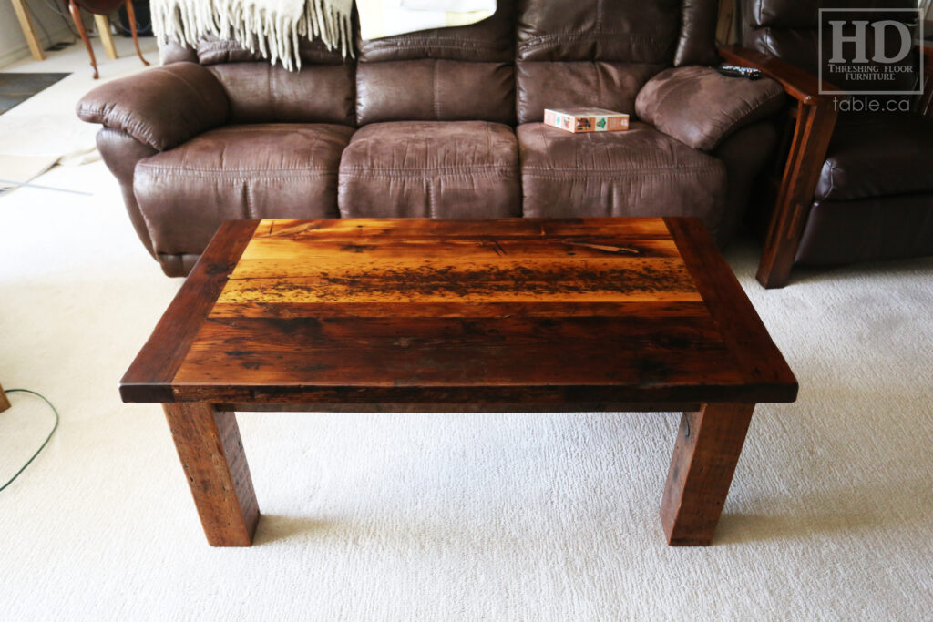 48" Ontario Barnwood Coffee Table - 26" wide - 20" height - Reclaimed Old Growth Hemlock Threshing Floor 2" Top - Straight 4"x4" Windbrace Beam Legs - Original edges & distressing maintained - Premium epoxy + matte polyurethane finish - www.table.ca