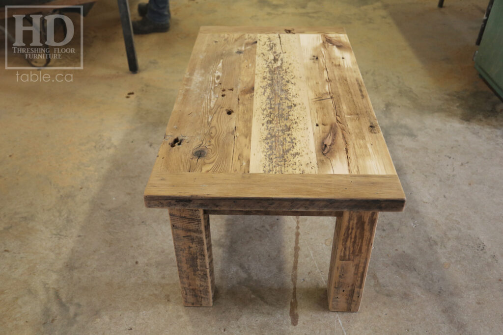 48" Ontario Barnwood Coffee Table - 26" wide - 20" height - Reclaimed Old Growth Hemlock Threshing Floor 2" Top - Straight 4"x4" Windbrace Beam Legs - Original edges & distressing maintained - Premium epoxy + matte polyurethane finish - www.table.ca