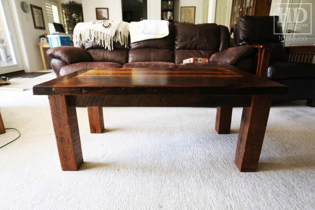 48" Ontario Barnwood Coffee Table - 26" wide - 20" height - Reclaimed Old Growth Hemlock Threshing Floor 2" Top - Straight 4"x4" Windbrace Beam Legs - Original edges & distressing maintained - Premium epoxy + matte polyurethane finish - www.table.ca