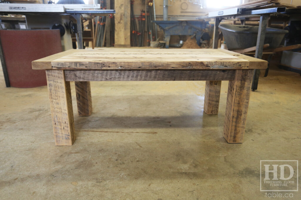 48" Ontario Barnwood Coffee Table - 26" wide - 20" height - Reclaimed Old Growth Hemlock Threshing Floor 2" Top - Straight 4"x4" Windbrace Beam Legs - Original edges & distressing maintained - Premium epoxy + matte polyurethane finish - www.table.ca