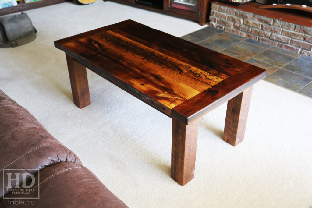 48" Ontario Barnwood Coffee Table - 26" wide - 20" height - Reclaimed Old Growth Hemlock Threshing Floor 2" Top - Straight 4"x4" Windbrace Beam Legs - Original edges & distressing maintained - Premium epoxy + matte polyurethane finish - www.table.ca