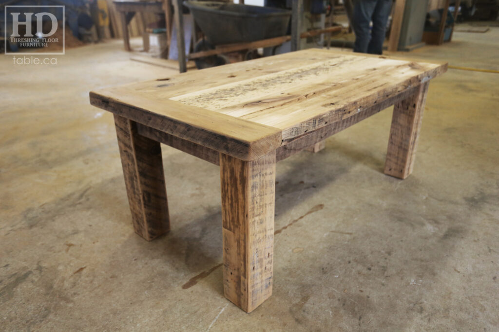 48" Ontario Barnwood Coffee Table - 26" wide - 20" height - Reclaimed Old Growth Hemlock Threshing Floor 2" Top - Straight 4"x4" Windbrace Beam Legs - Original edges & distressing maintained - Premium epoxy + matte polyurethane finish - www.table.ca