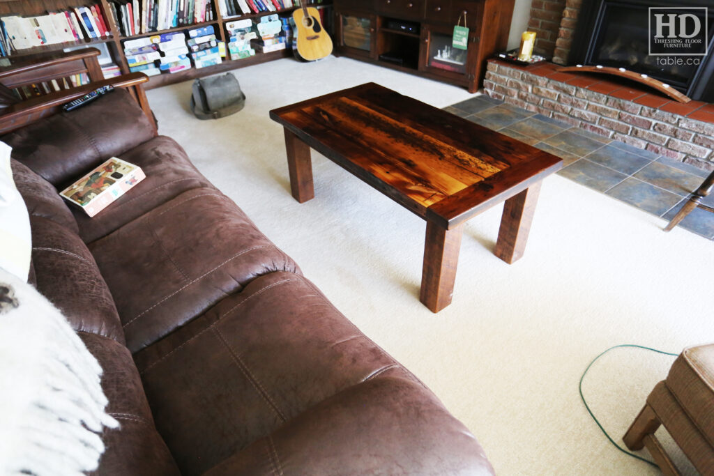 48" Ontario Barnwood Coffee Table - 26" wide - 20" height - Reclaimed Old Growth Hemlock Threshing Floor 2" Top - Straight 4"x4" Windbrace Beam Legs - Original edges & distressing maintained - Premium epoxy + matte polyurethane finish - www.table.ca