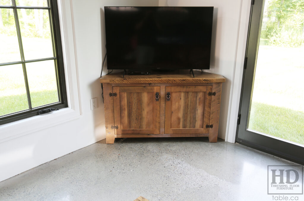 52" Ontario Barnwood Corner TV Unit we made for a Port Perry home  â€“ 2 Doors - Old Growth Reclaimed Hemlock Threshing Floor + Grainery Board Construction â€“ Mission Cast Brass Lee Valley Hardware - Original edges & distressing maintained â€“ Premium epoxy + matte polyurethane finish â€“ Greytone Option â€“ www.table.ca