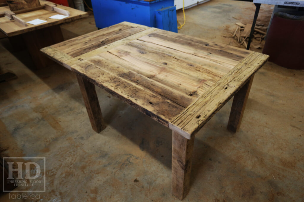 48" Reclaimed Ontario Barnwood Table we made for a Parry Sound, Ontario Home - 42" deep - Harvest Base: Straight 4"x4" Windbrace Beam Legs - Old Growth Hemlock Threshing Floor Construction - Original edges & distressing maintained - Premium epoxy + satin polyurethane finish - Black Stain Option - www.table.ca
