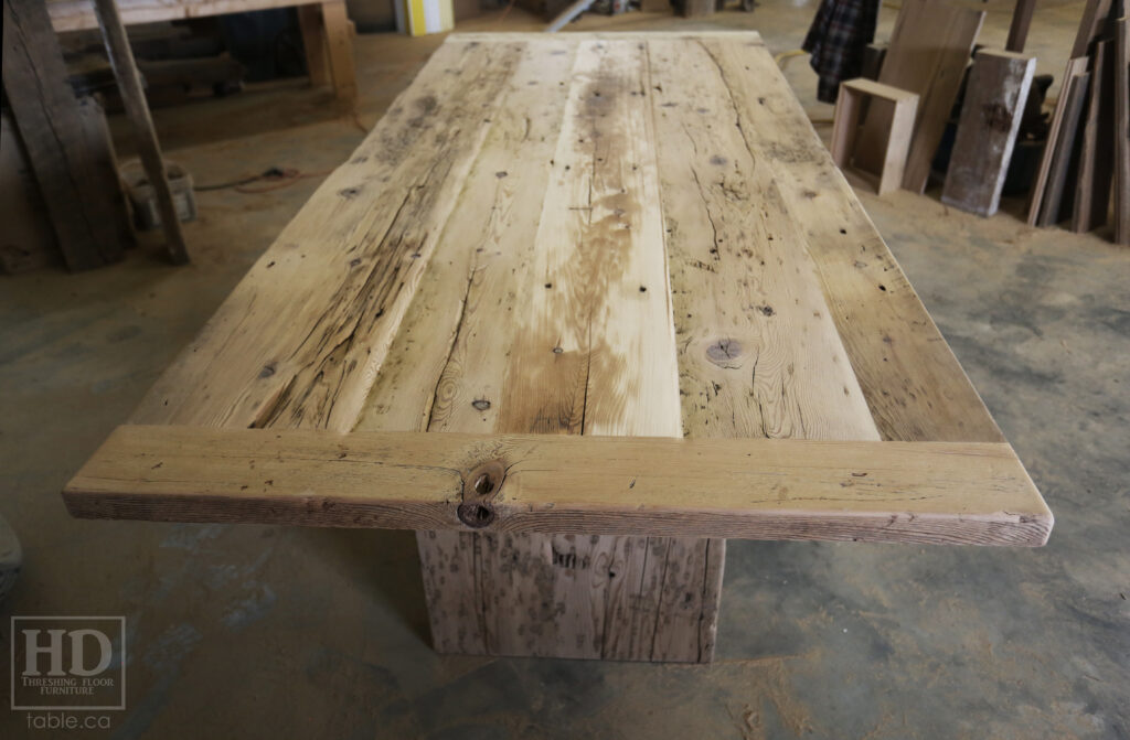8' Ontario Barnwood Table we made for a Port Perry home - 42" wide -  3" Joist Material Plank Base [with bottom rail option] - Old Growth Reclaimed Hemlock Threshing Floor Construction - Original edges & distressing maintained - Premium epoxy + matte polyurethane finish - Greytone Option - [Matching] Plank Base Bench - [6] Modified Plank Chairs & [4] Stools / Wormy Maple - Painted Farrow and Ball Studio Green / Matte Polyurethane clearcoat finish - www.table.ca