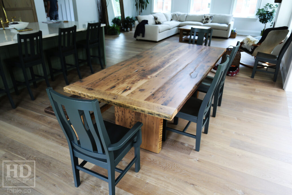 8' Ontario Barnwood Table we made for a Port Perry home - 42" wide -  3" Joist Material Plank Base [with bottom rail option] - Old Growth Reclaimed Hemlock Threshing Floor Construction - Original edges & distressing maintained - Premium epoxy + matte polyurethane finish - Greytone Option - [Matching] Plank Base Bench - [6] Modified Plank Chairs & [4] Stools / Wormy Maple - Painted Farrow and Ball Studio Green / Matte Polyurethane clearcoat finish - www.table.ca