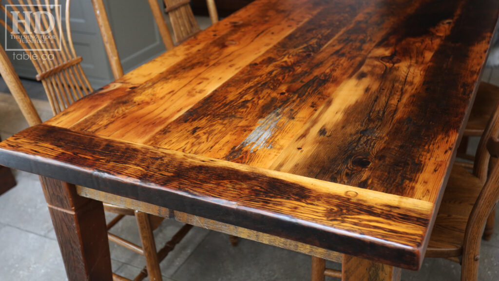 6' Reclaimed Ontario Barnwood Table we made for a Guelph home - 36" deep - Harvest Base: Tapered with a Notch Legs - Old Growth Hemlock Threshing Floor Construction - Original edges & distressing maintained - Premium epoxy + matte polyurethane finish - www.table.ca