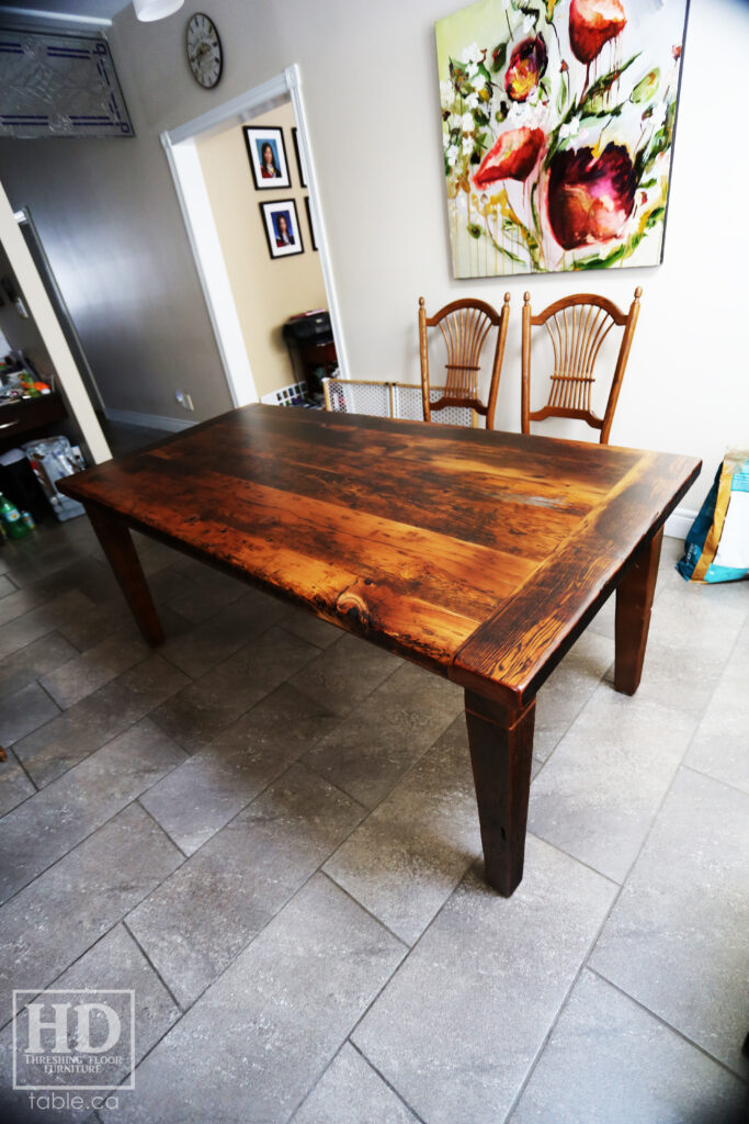 6' Reclaimed Ontario Barnwood Table we made for a Guelph home - 36" deep - Harvest Base: Tapered with a Notch Legs - Old Growth Hemlock Threshing Floor Construction - Original edges & distressing maintained - Premium epoxy + matte polyurethane finish - www.table.ca