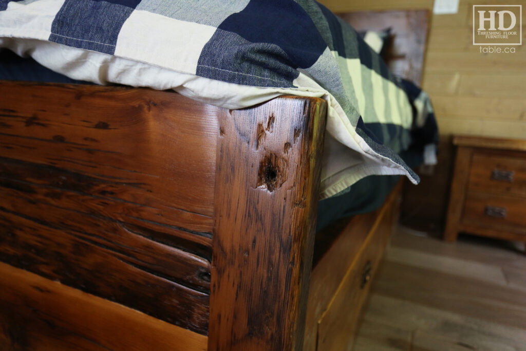 King Size Ontario Barnwood Bed we made for a Muskoka cottage - 4 Storage Drawers - Reclaimed Old Growth Hemlock Threshing Floor + Grainery Board Construction - Original edges + distressing kept - Mission Cast Brass Lee Valley Hardware -  Satin polyurethane finish - www.table.ca