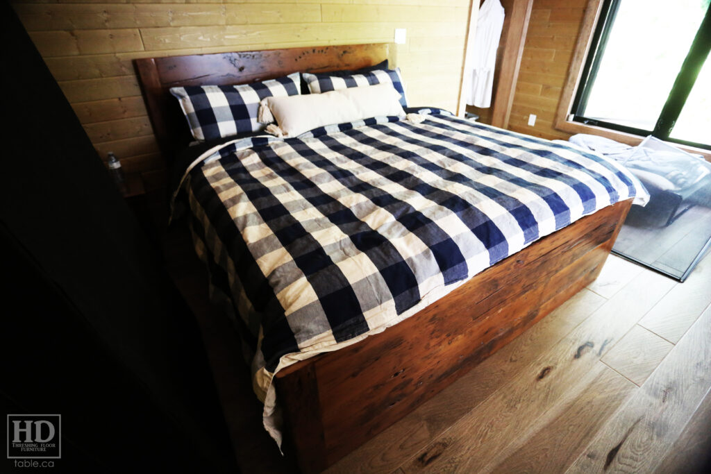 King Size Ontario Barnwood Bed we made for a Muskoka cottage - 4 Storage Drawers - Reclaimed Old Growth Hemlock Threshing Floor + Grainery Board Construction - Original edges + distressing kept - Mission Cast Brass Lee Valley Hardware -  Satin polyurethane finish - www.table.ca