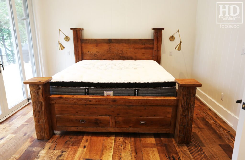 King Size Ontario Barnwood Bed we made for a Bigwin Island cottage - 2 Storage Drawers - Corner Beam Posts Option - Reclaimed Old Growth Hemlock Threshing Floor + Grainery Board Construction - Original edges + distressing kept - Mission Cast Brass Lee Valley Hardware - Matte polyurethane finish - www.table.ca